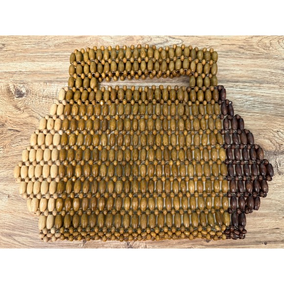 Wooden Beaded Handbag Made In India Lined 9x12 Boho Neutral Colorblock A New Day - Picture 2 of 9